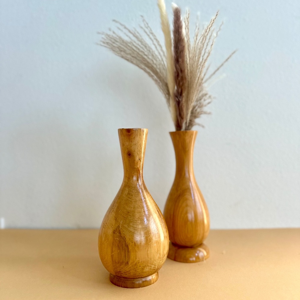 Vintage Turned wood candlestick holder or vase for dried flowers